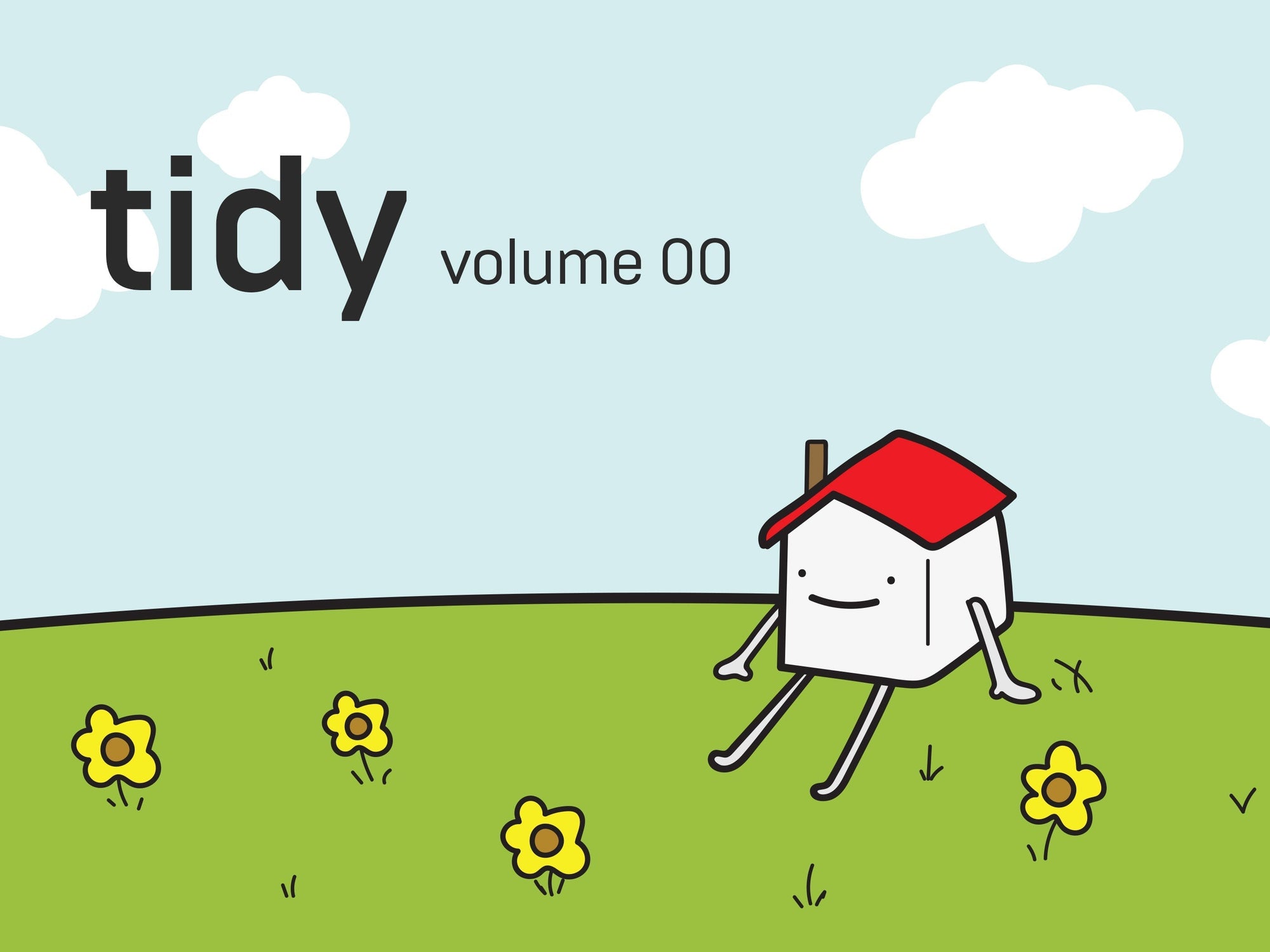 Image of Tidy the Yamazaki Home mascot sitting on a green hill with blue skies. Text reads: Tidy Volume 00