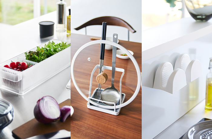 Collage of Yamazaki Home new arrivals. From left to right the images show the Refrigerator Colander with Lid, the Large Lid and Ladle Stand, and white Magnetic Pot Holders. 