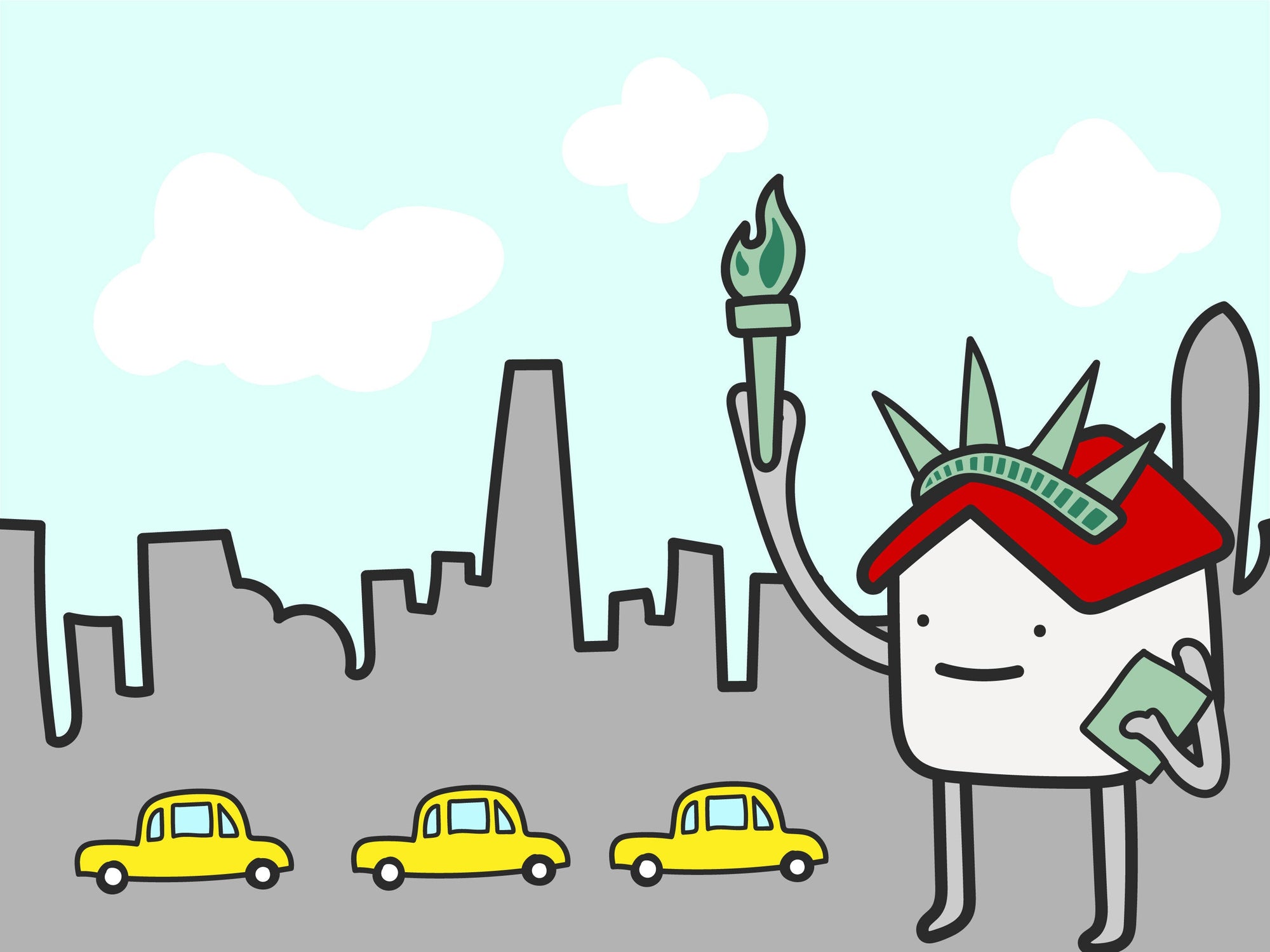 Tidy, the Yamazaki Home mascot, stands posing as the Statue of Liberty in front of the NYC skyline and several cartoon taxis. Text in the upper left reads: AAPI-Owned Businesses, A Local Guide from Yamazaki Home 