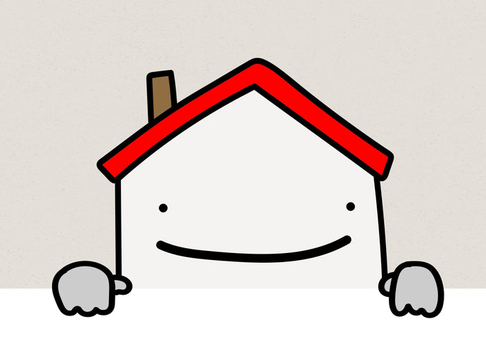 Meet Yamazaki Home's new mascot, Tidy. The image shows Tidy, a steel house with a red roof and a big smile, peaking into the frame 