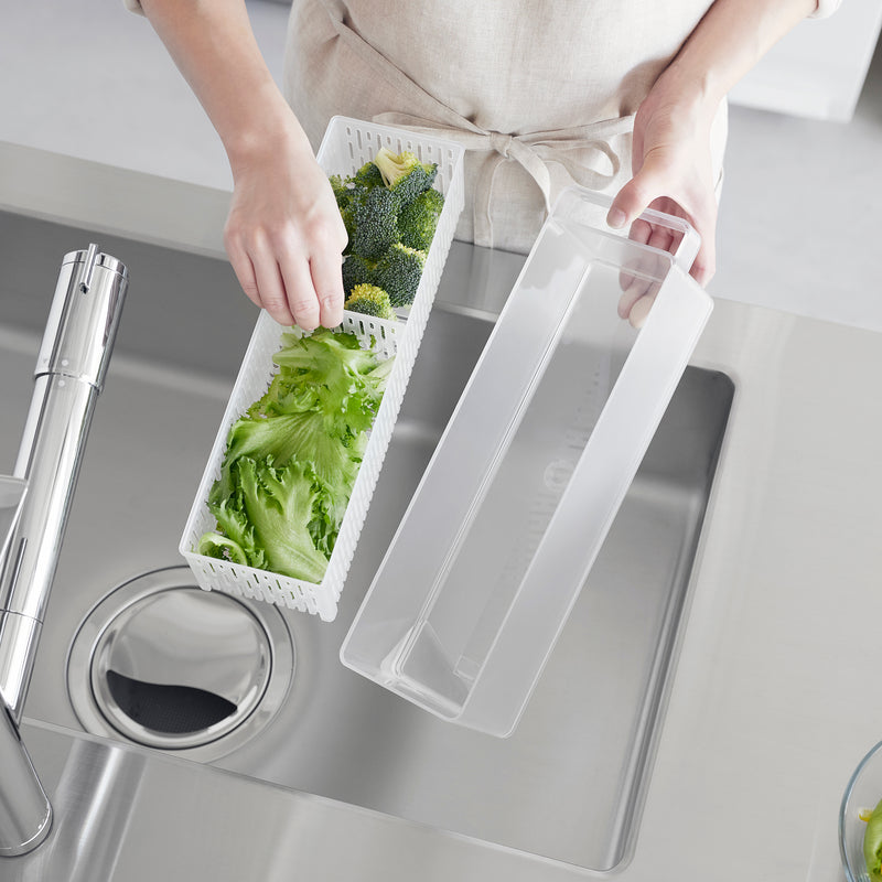 Yamazaki Home Refrigerator Colander with Lid & Divider with broccoli and lettuce inside