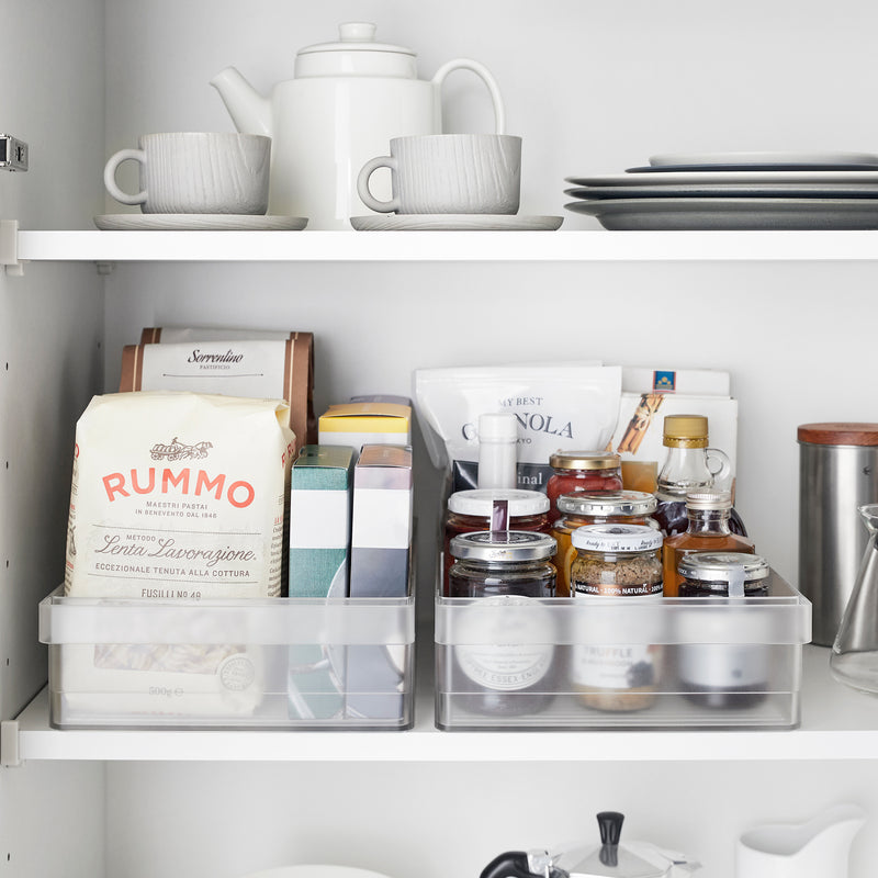 Front view of Yamazaki Home Refrigerator Organizer Bin - Wide storing food