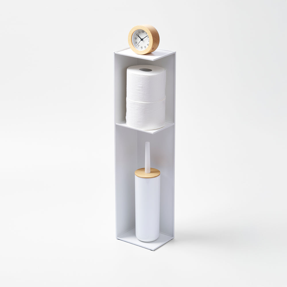 Yamazaki Home Bathroom Organizer with props, set against a white background.