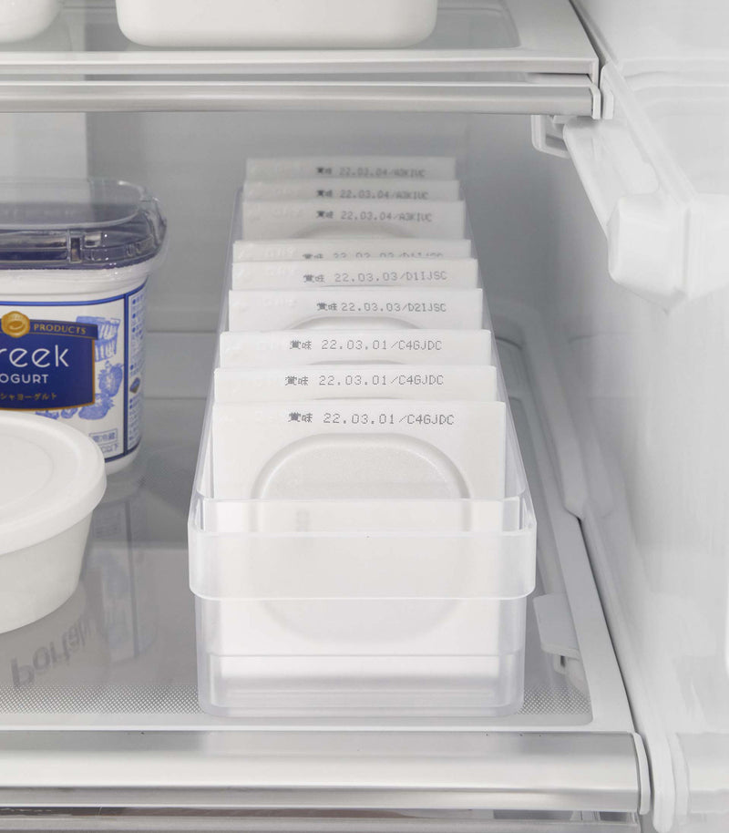 Extreme close up of Yamazaki Refridgerator Organizer Bins with food inside