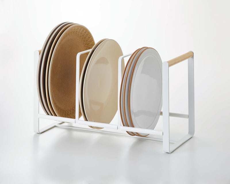 Yamazaki Wood Accented Dish Storage Rack holding dishes