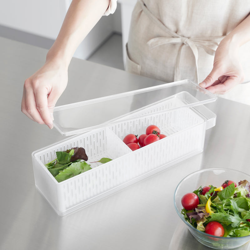 Yamazaki Home Refrigerator Colander with Lid & Divider with salad mix and tomatoes inside