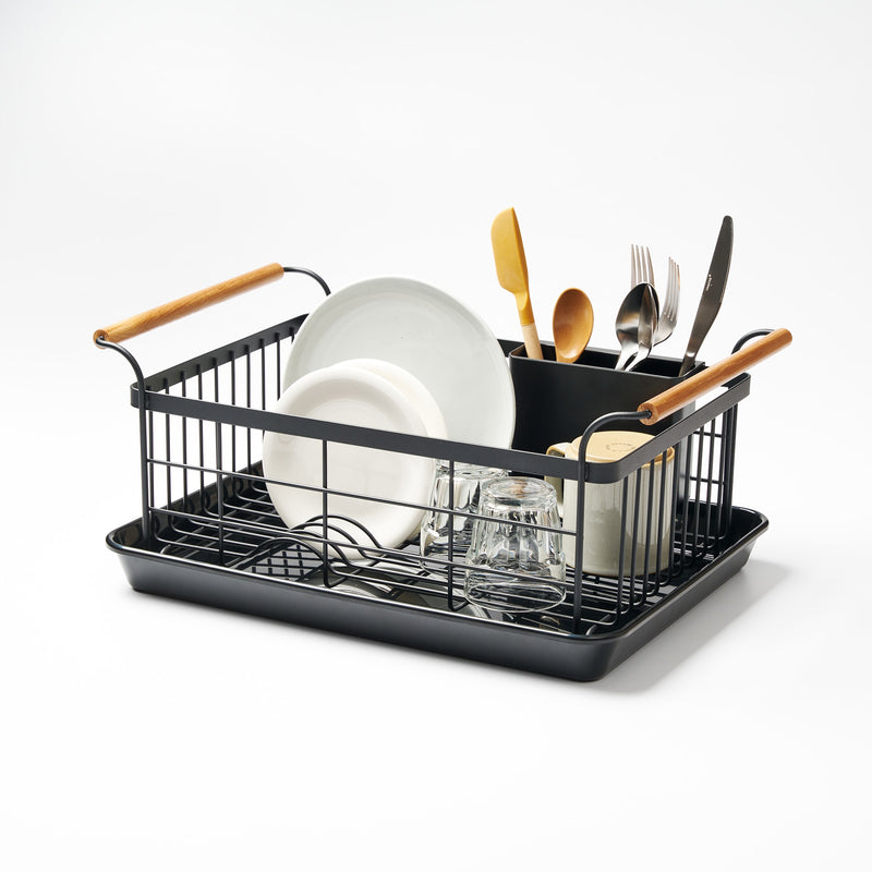 Dish Rack in Black with various props against a white background