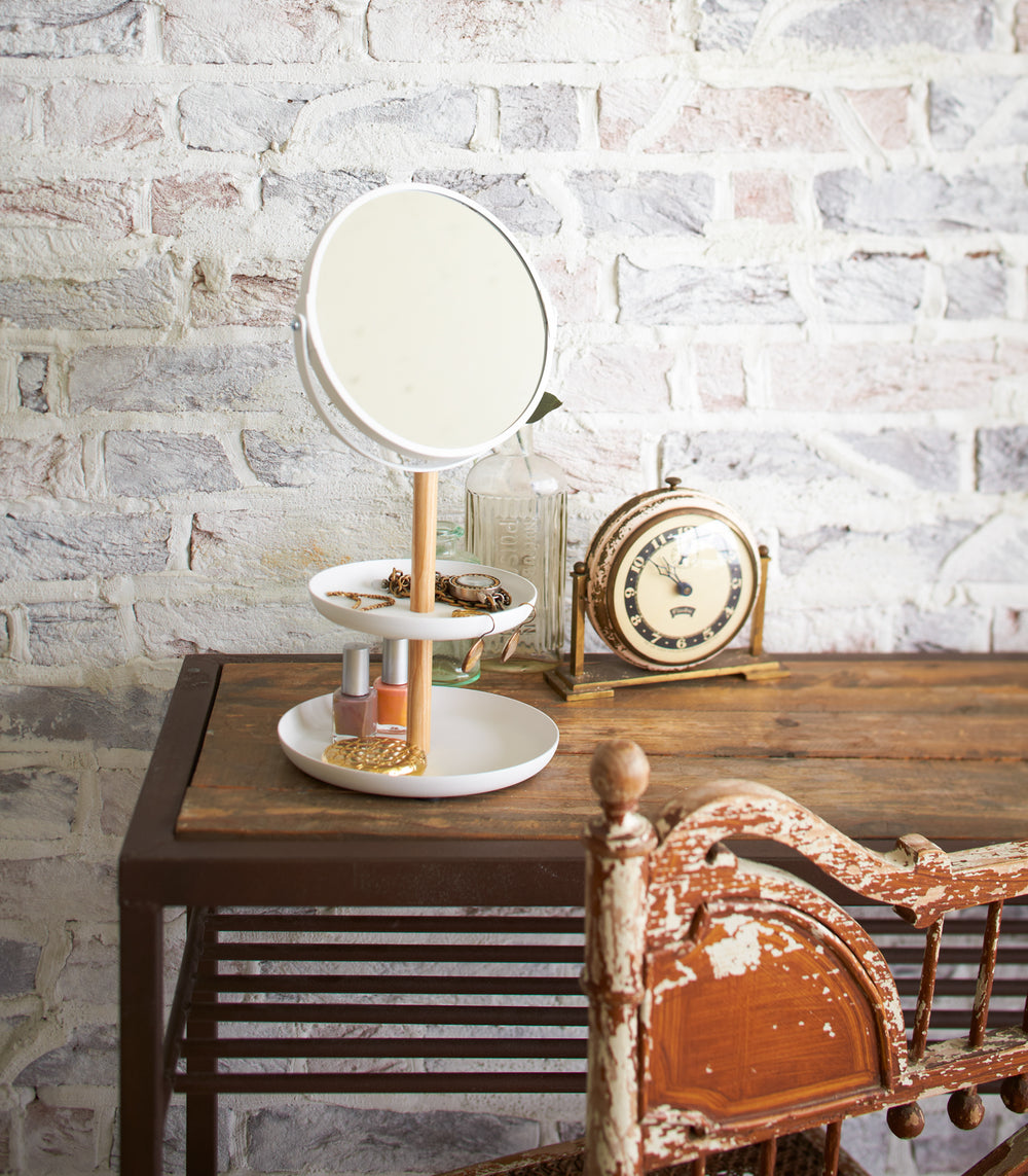 Plateau à bijoux à deux niveaux avec miroir - Acier + bois