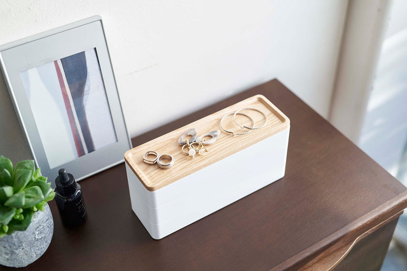 Close up of White Stacking Watch and Accessory Case closed with jewelry