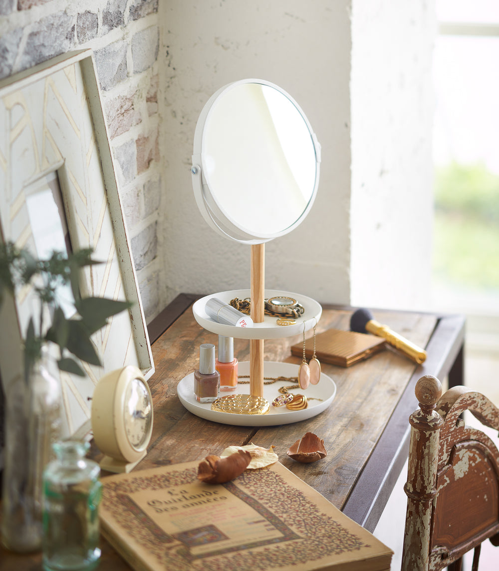 Plateau à bijoux à deux niveaux avec miroir - Acier + bois